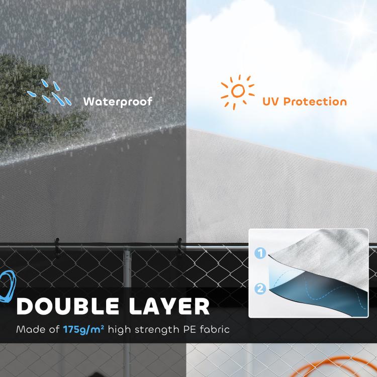 Waterproof gray roof section of an outdoor dog kennel with silver frame and chain-link walls