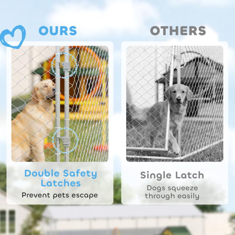 Outdoor dog kennel latch area with chain-link door and secured metal hardware