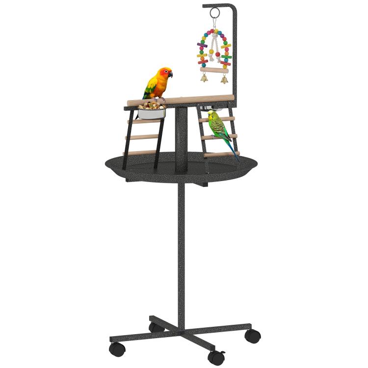 Bird play stand with round tray, wood perches, and wheeled base in dark gray