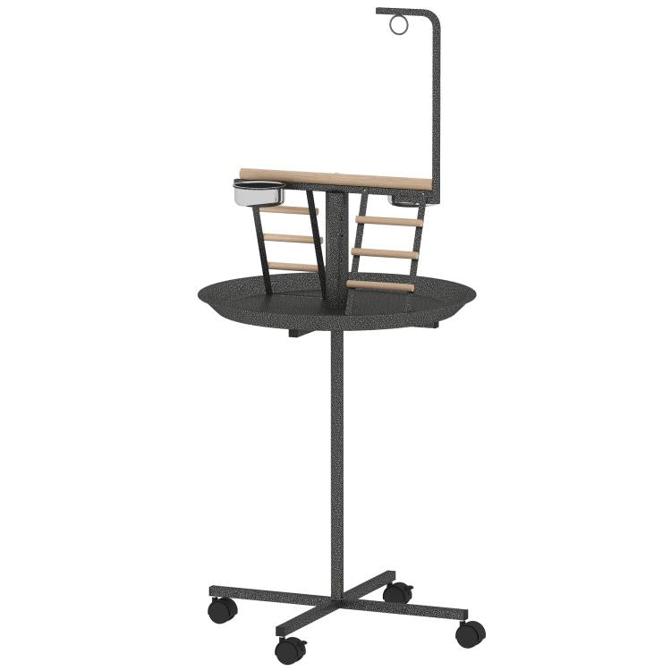 Bird play stand with round tray, wooden steps, and stainless steel feed bowl