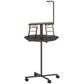 Dark gray parrot play stand with round tray, ladder steps, hanging bar, and rolling wheels