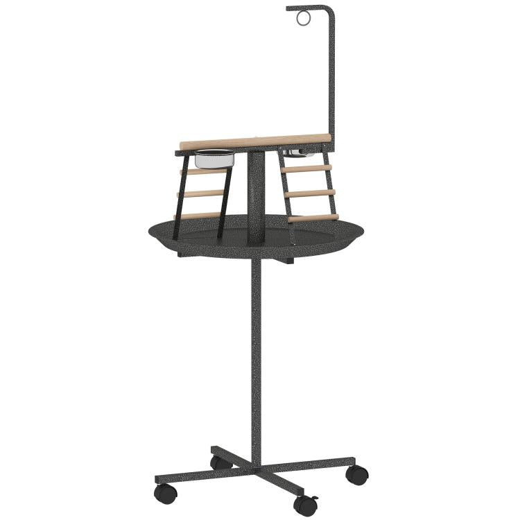 Dark gray parrot play stand with round tray, ladder steps, hanging bar, and rolling wheels