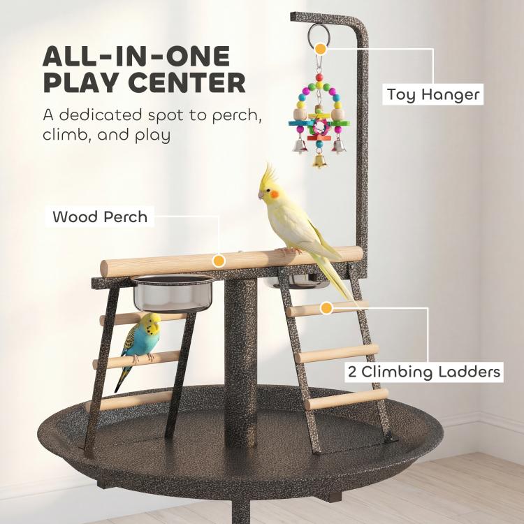 All-in-one bird play center with toy hanger, ladders, wood perch, and tray