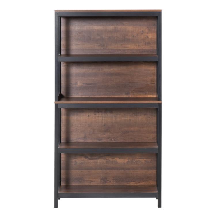 Walnut woodgrain 4-tier bookshelf with black legs and open front shelf panels