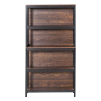 Walnut woodgrain 4-tier bookshelf with black legs and open front shelf panels