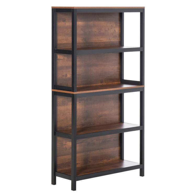 Walnut and black 4-tier bookshelf with open compartments and vertical side supports