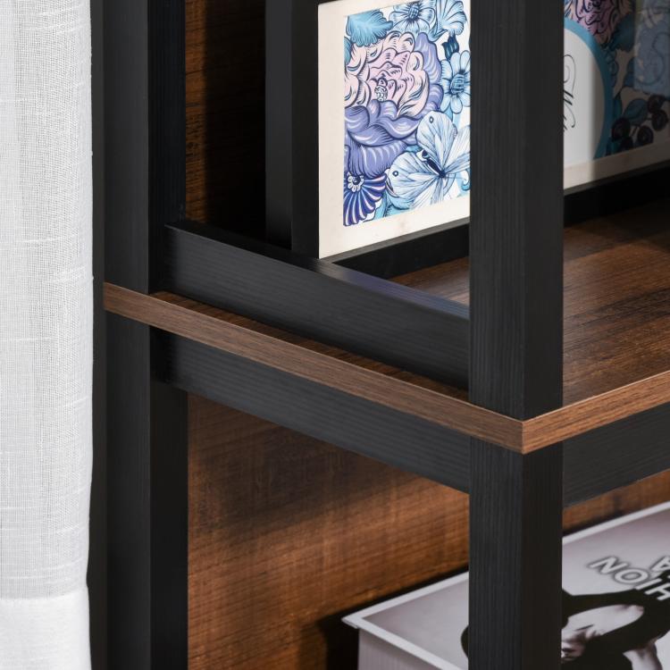 Walnut and black 4-tier bookshelf with open back support and square posts