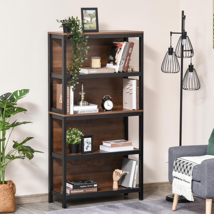 Walnut and black 4-tier bookshelf with open shelves and books and decor displayed