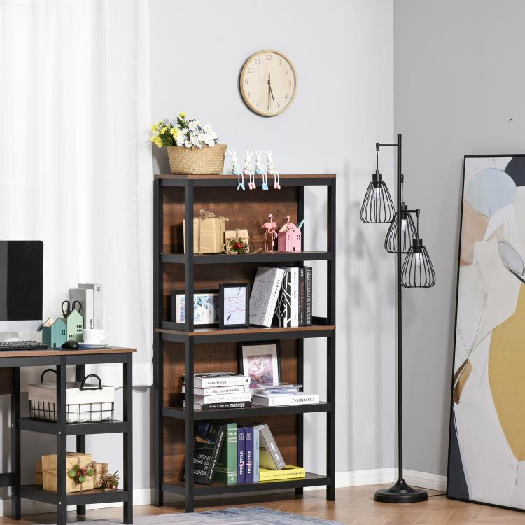 Walnut and black 4-tier bookshelf with open shelves, sturdy frame, and anti-tip stability