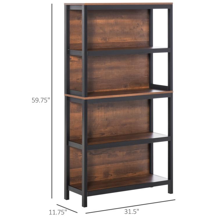 Walnut and black 4-tier bookshelf with open shelves and black side frame