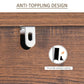 Anti-topple safety wall bracket with curved metal base on walnut shelf edge