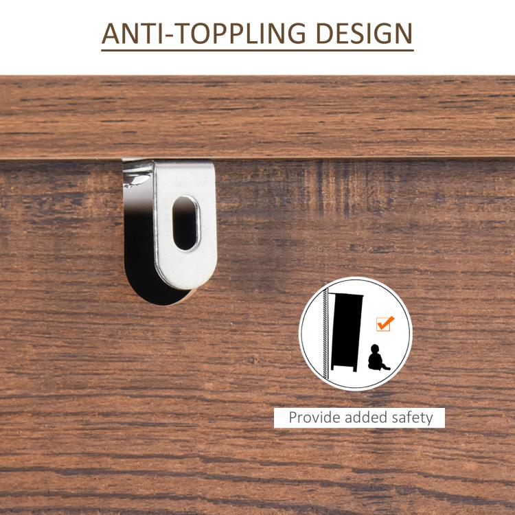 Anti-topple safety wall bracket with curved metal base on walnut shelf edge