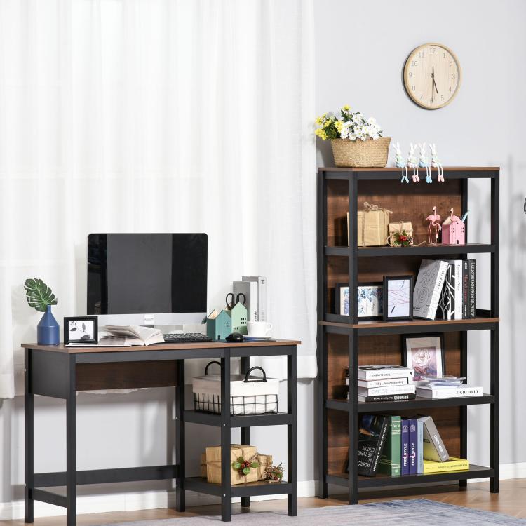 Walnut and black 4-tier bookshelf with open shelves holding books and small decor