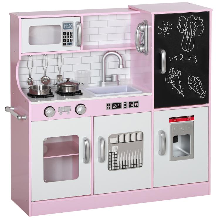 Pink kids pretend play kitchen set with microwave, stovetop, sink, and chalkboard panel