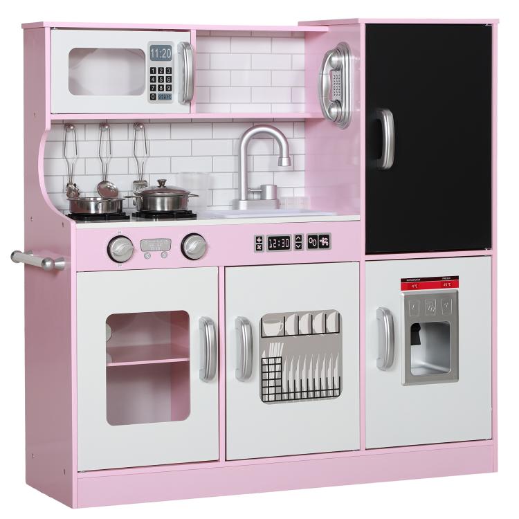 Pink kids play kitchen with stovetop, sink faucet, and large black chalkboard area