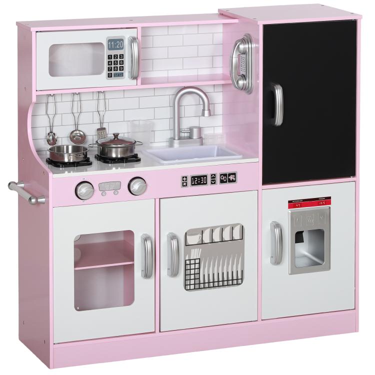 Pink kids play kitchen with microwave, stovetop, sink, and oven doors with knobs and handle.
