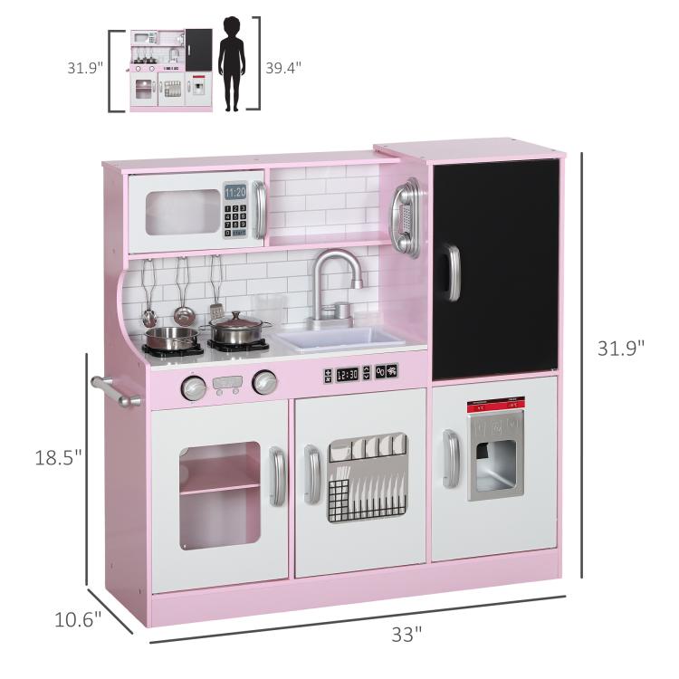 Pink kids pretend play kitchen set with side ice maker, stovetop, sink, and storage doors