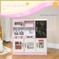 Pink kids pretend play kitchen with black chalkboard and stovetop details