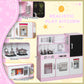 Pink kids play kitchen front view with stovetop, sink, chalkboard, and ice maker