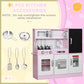 Pink kids play kitchen with included accessories: pots, pans, and utensils