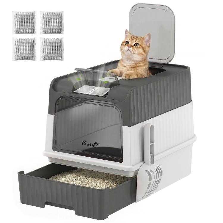 Gray and white hooded cat litter box with front door, top exit, and pull-out drawer