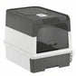 Hooded gray-and-white cat litter box with front entry and clear viewing panel