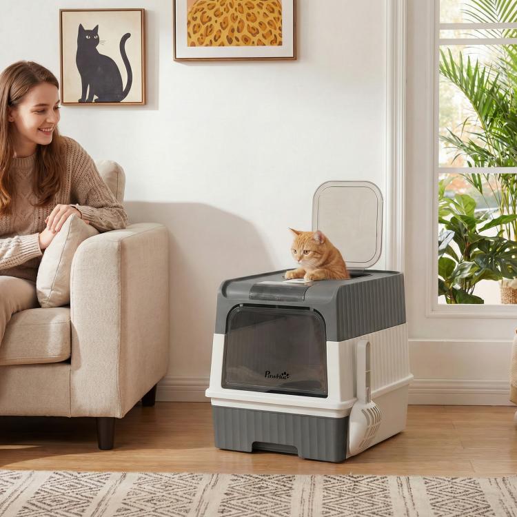 Gray and white hooded cat litter box with top exit and front entry window