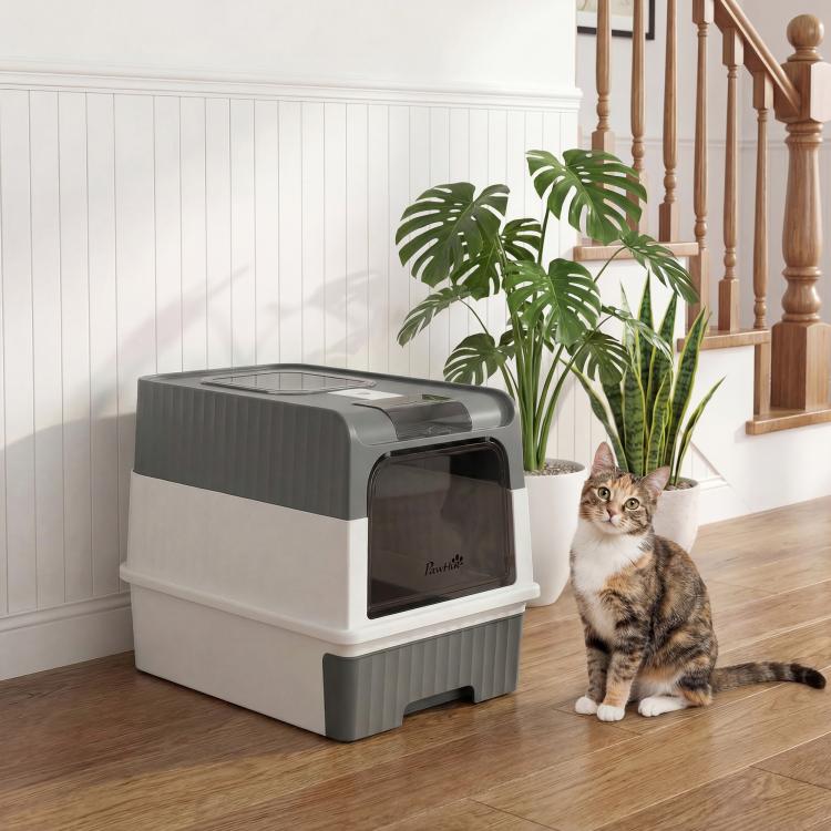 Gray and white hooded cat litter box with top exit and front entry window