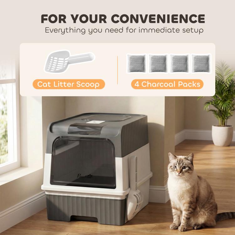 Gray and white hooded cat litter box with included scoop and odor-control packs