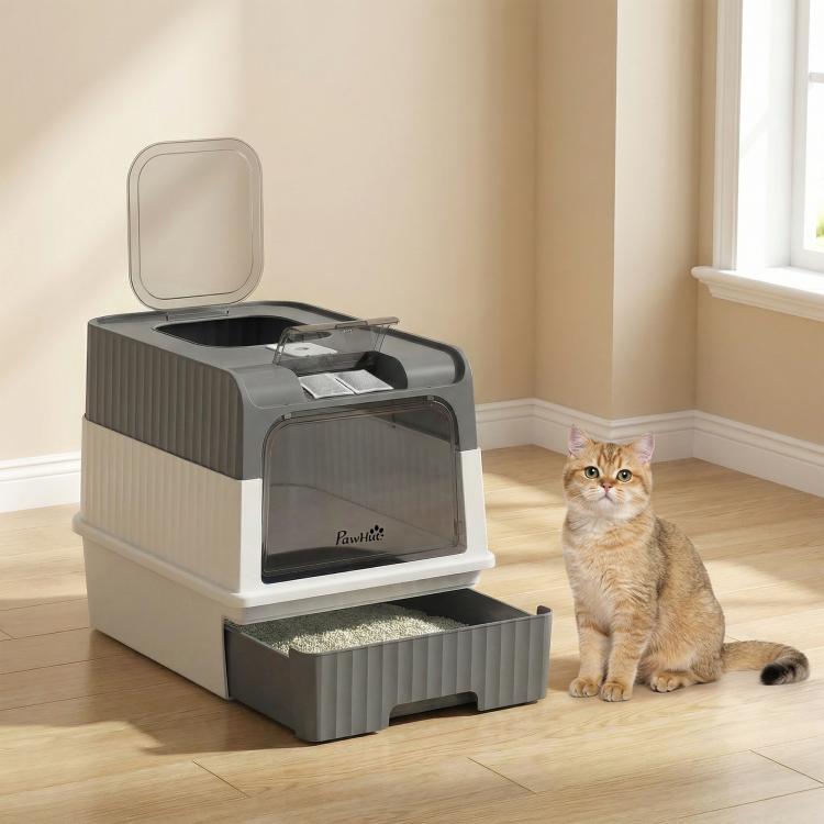 Gray and white hooded cat litter box with open top exit cover and pull-out drawer
