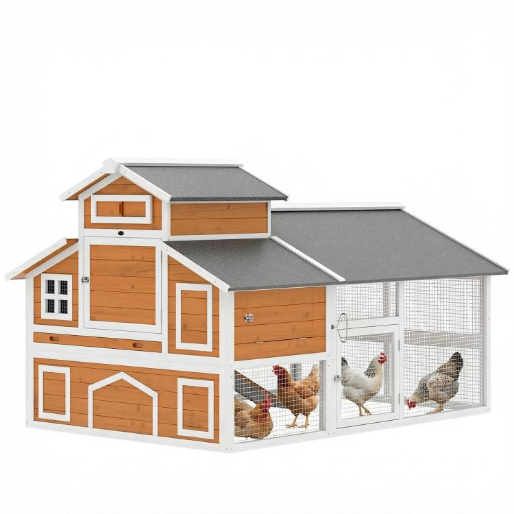 Wooden chicken coop with attached fenced run, sliding door and nesting openings