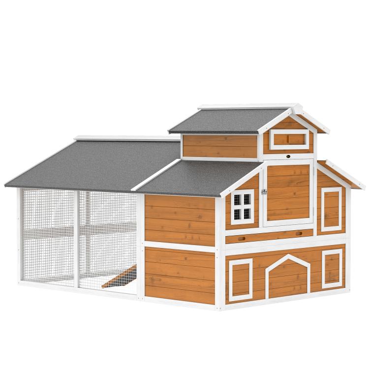 Wooden chicken coop house with fenced outdoor run and multiple access doors