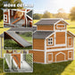 Wooden chicken coop with enclosed run, sloped roof, front ramp and doors