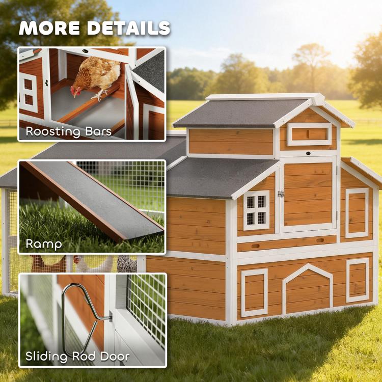 Wooden chicken coop with enclosed run, sloped roof, front ramp and doors