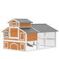Wooden chicken coop with wire-mesh run, nesting box, and side access door