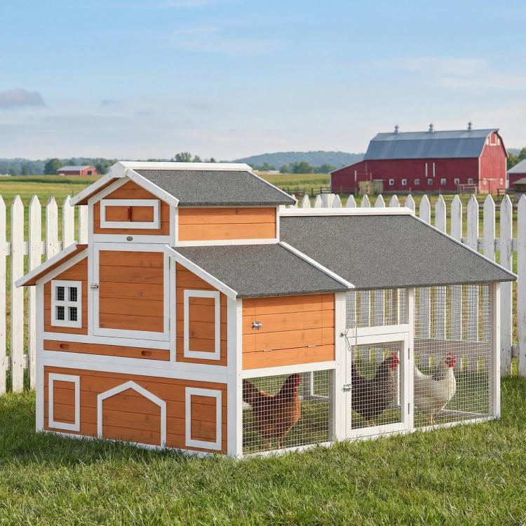 Wooden chicken coop with gray shingle roof and enclosed run for chickens