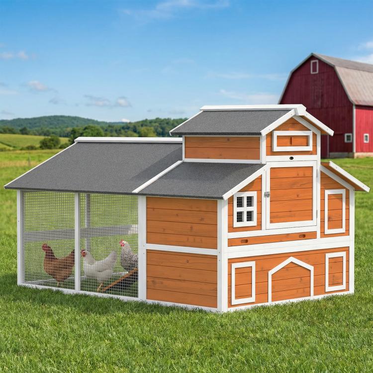 Wooden chicken coop with fenced run, elevated house section and window panels