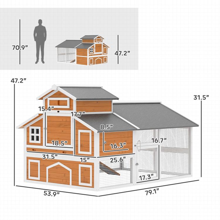 Wooden chicken coop with run shown with size diagram and nesting box area