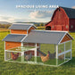 Wooden chicken coop with fenced run holding up to six chickens, dual roof sections