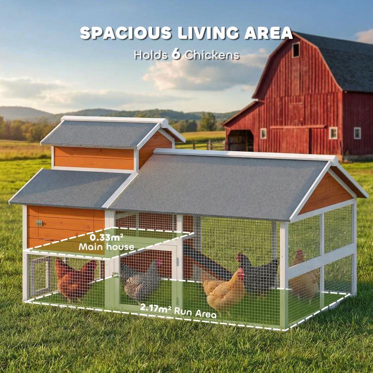 Wooden chicken coop with fenced run holding up to six chickens, dual roof sections