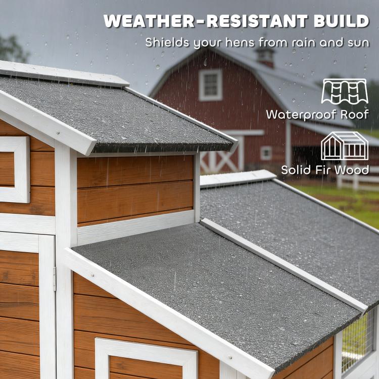 Wooden chicken coop roof and covered run walkway with weather-resistant panels