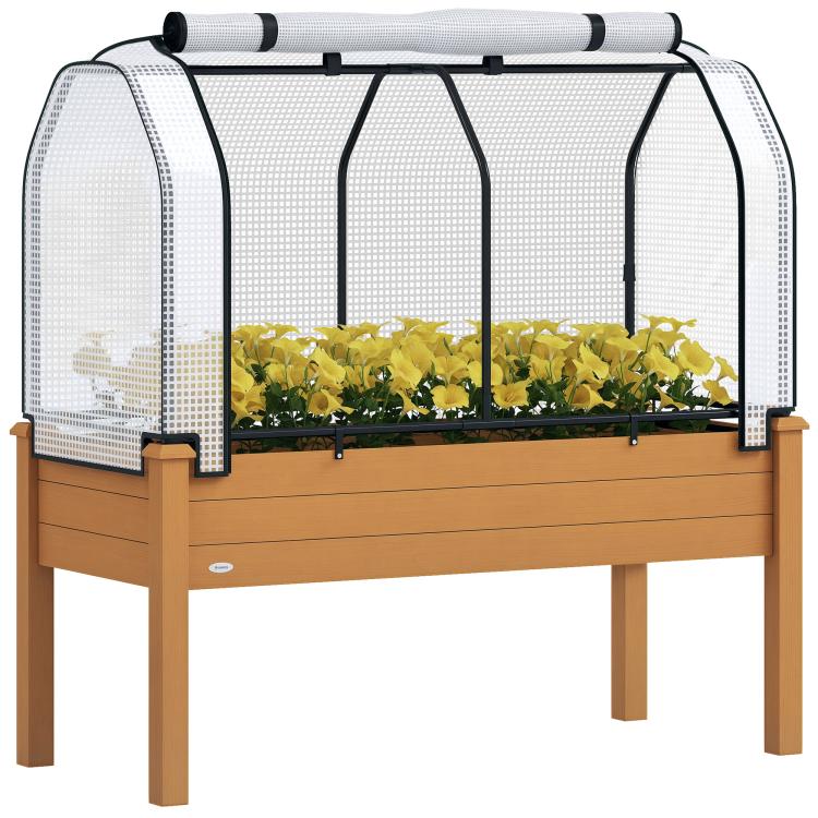 Raised garden bed planter with sand wooden frame and white mesh greenhouse cover
