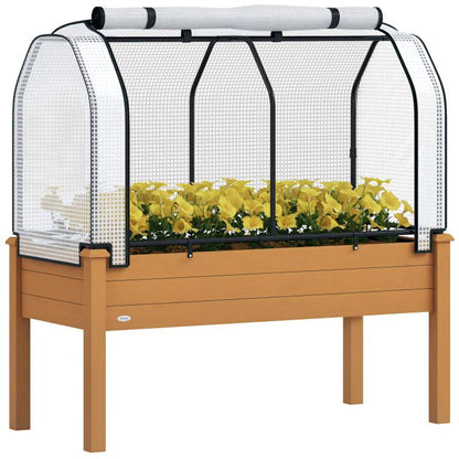 Raised garden bed planter with sand wooden frame and white mesh greenhouse cover