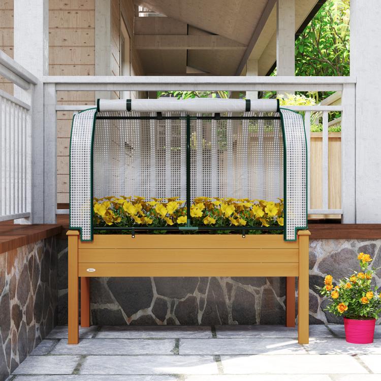 Sand-colored raised garden bed with PE greenhouse cover and front mesh window