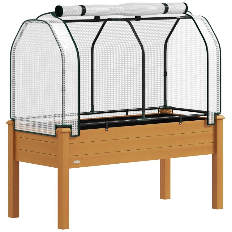 Sand-colored raised garden bed with arched PE greenhouse cover and black frame