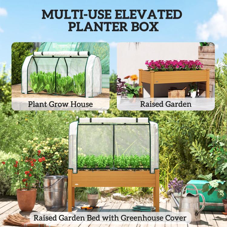 Raised garden bed planter with white mesh greenhouse cover and sand wooden side panels