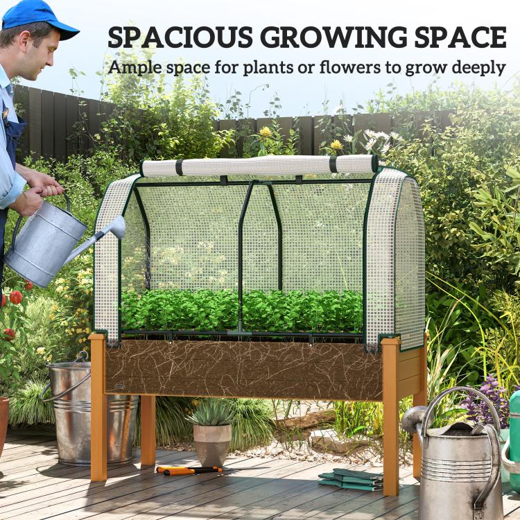 Raised garden bed planter with white mesh greenhouse cover and sand wood legs