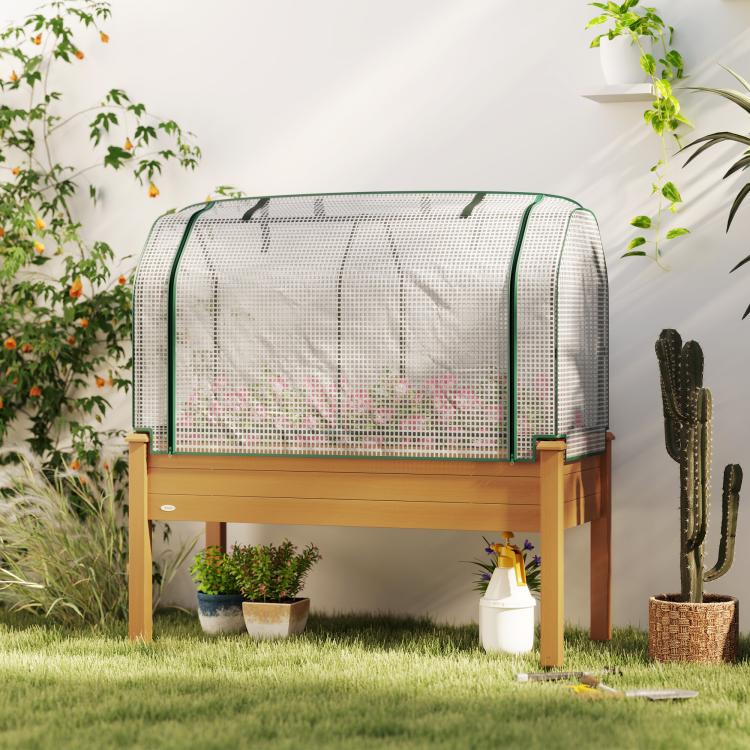 Raised garden bed planter with white mesh greenhouse cover and sand wooden frame