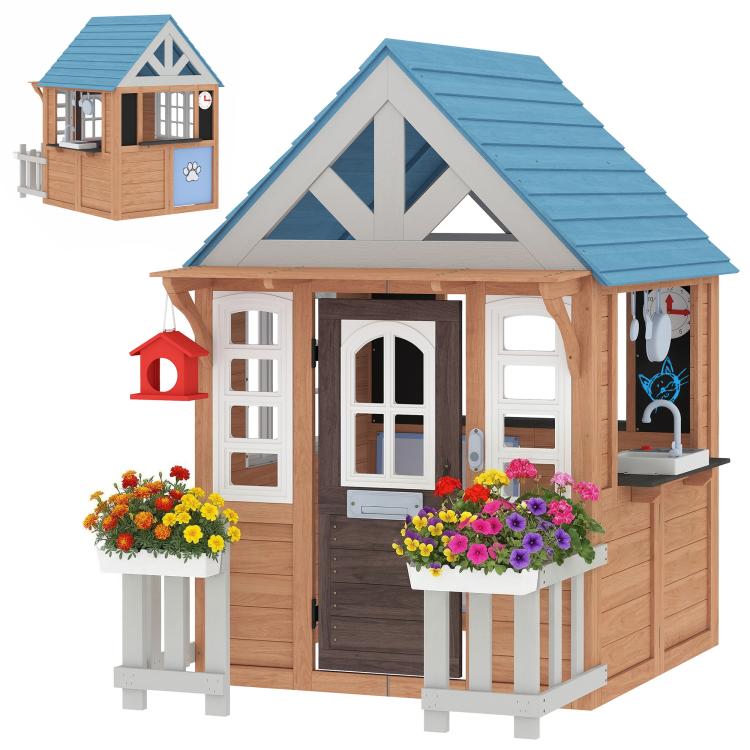 Wooden playhouse corner view with blue roof, white windows, door, and mailbox