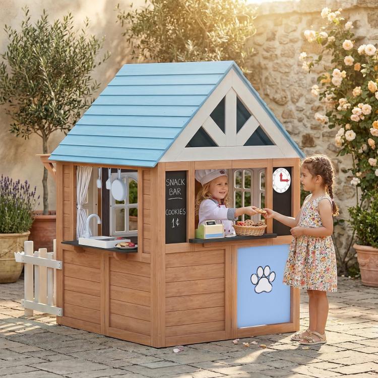 Wooden kids playhouse with blue roof, open front window, mailbox and dog paw panel